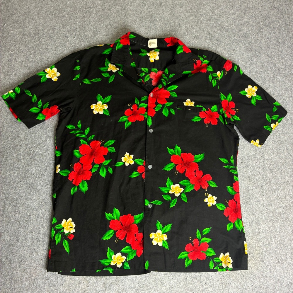 Royal Hawaiian Creations Men Size XL Black Tropical Floral Hawaiian Shirt Cotton